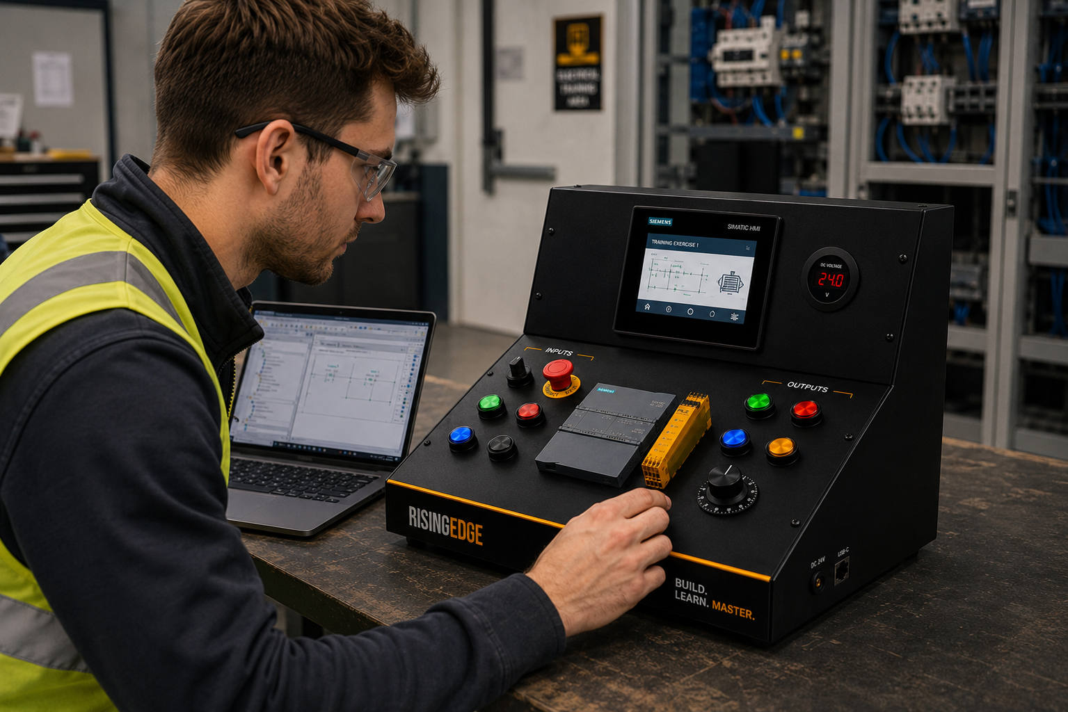 Students learning industrial automation with a hands-on PLC training kit in a classroom