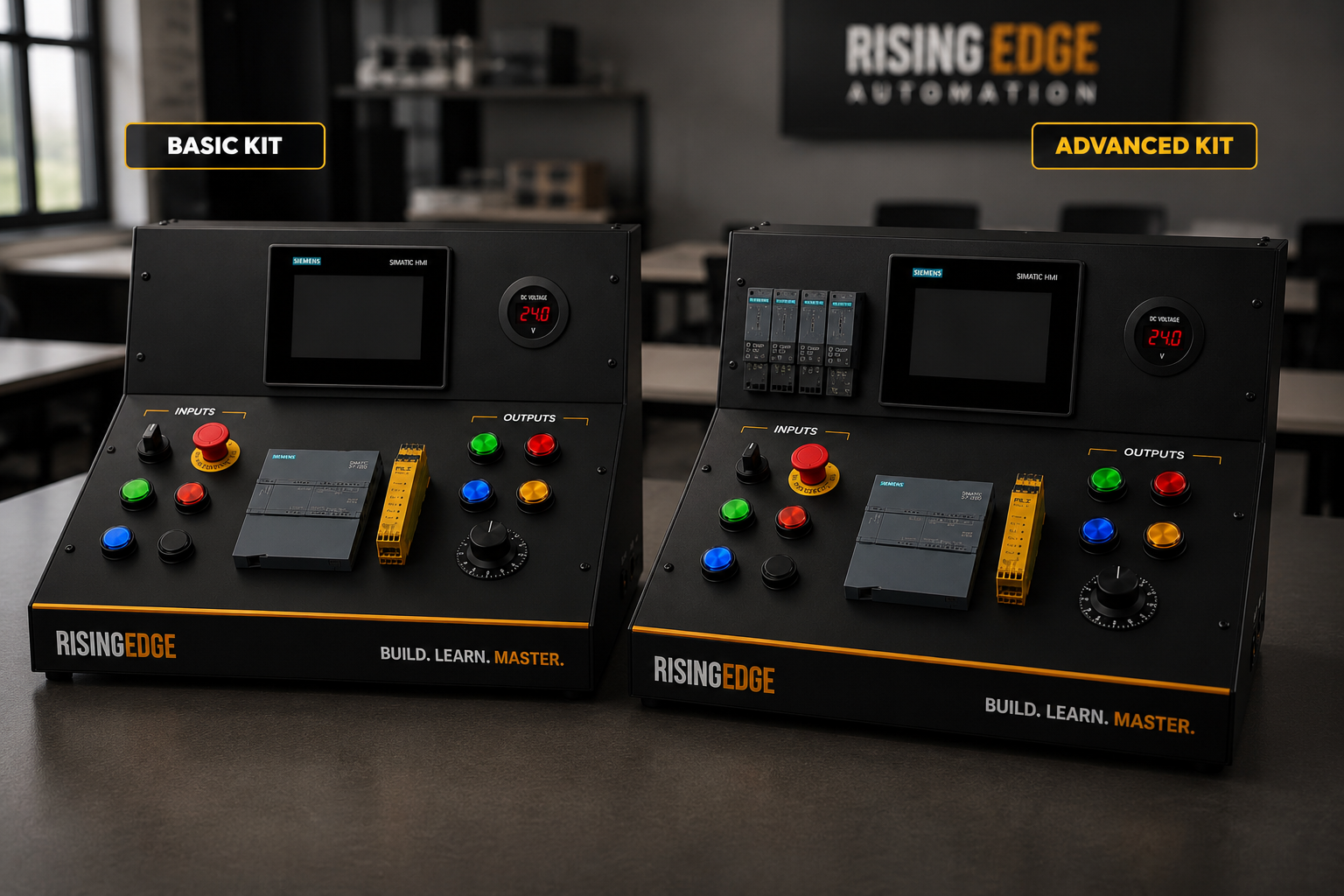 Basic and Advanced Rising Edge PLC training kits with Siemens S7-1200 PLC, Siemens HMI, PILZ safety relay and ET 200SP remote I/O