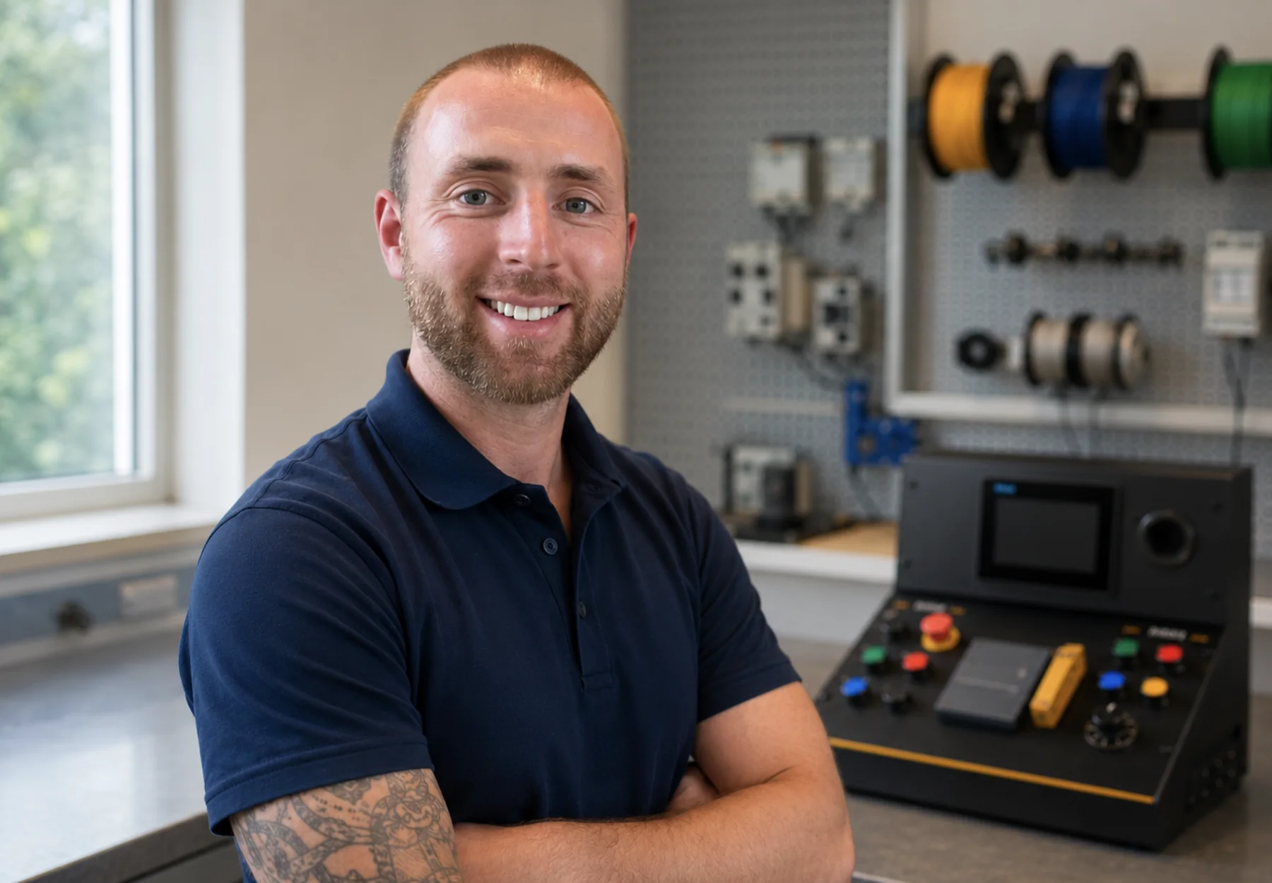 David Perry, founder of Rising Edge Automation, in the workshop with a PLC training system