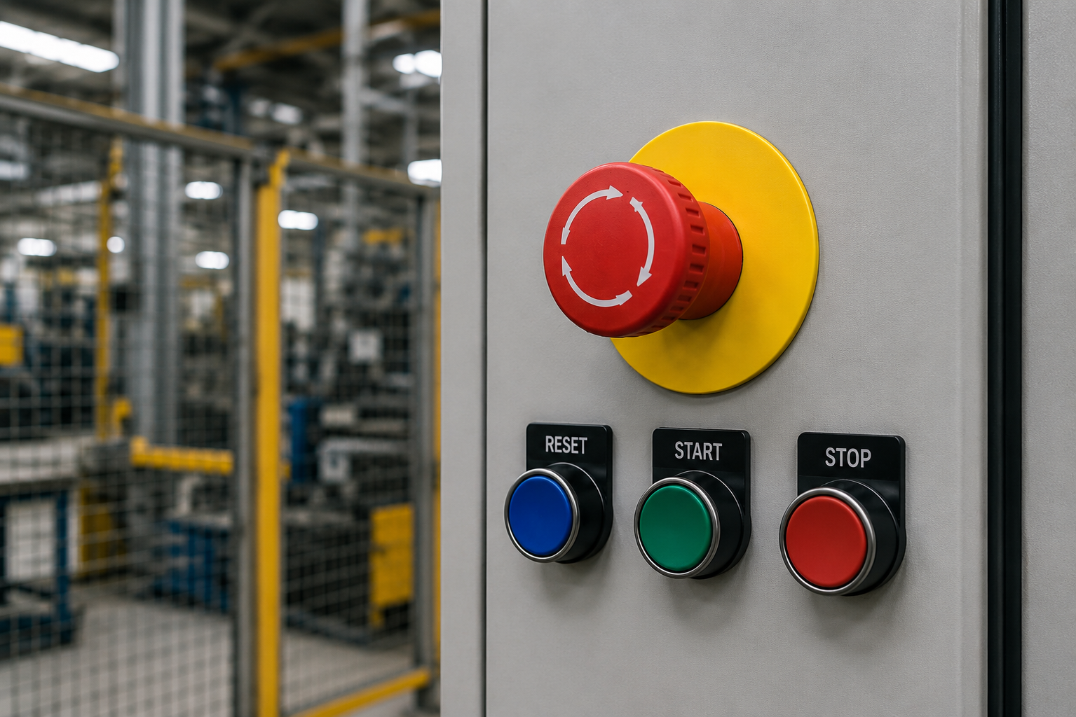 Emergency stop device with red mushroom actuator on a plain yellow background, separate reset and start buttons, and simplified emergency stop design guidance