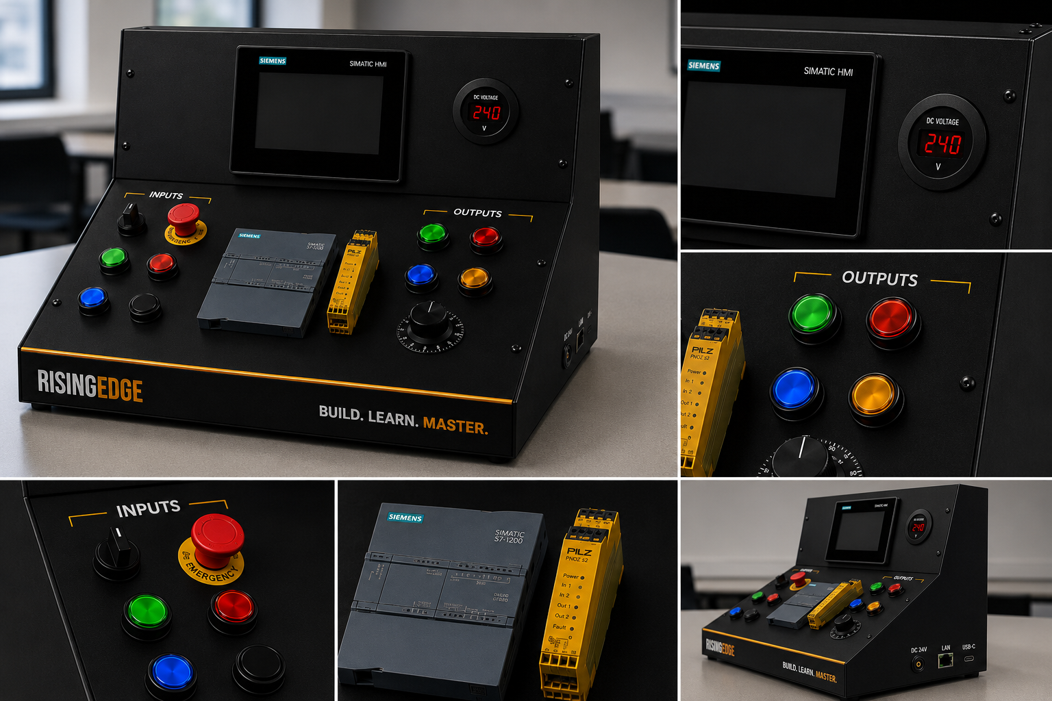 Close-up of PLC training kit controls, lamps and industrial hardware