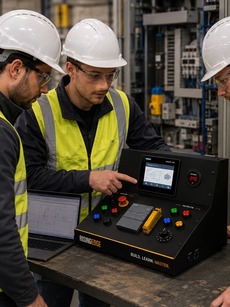 Maintenance engineers using a hands-on PLC training kit for workplace automation training