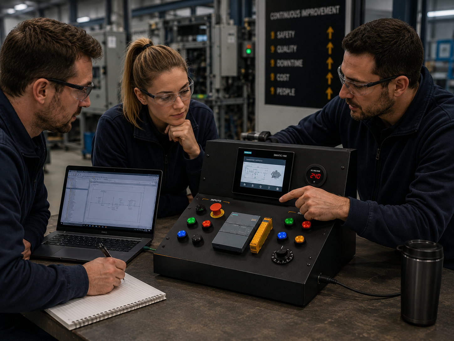 Maintenance engineers using a hands-on PLC training kit for onsite automation training