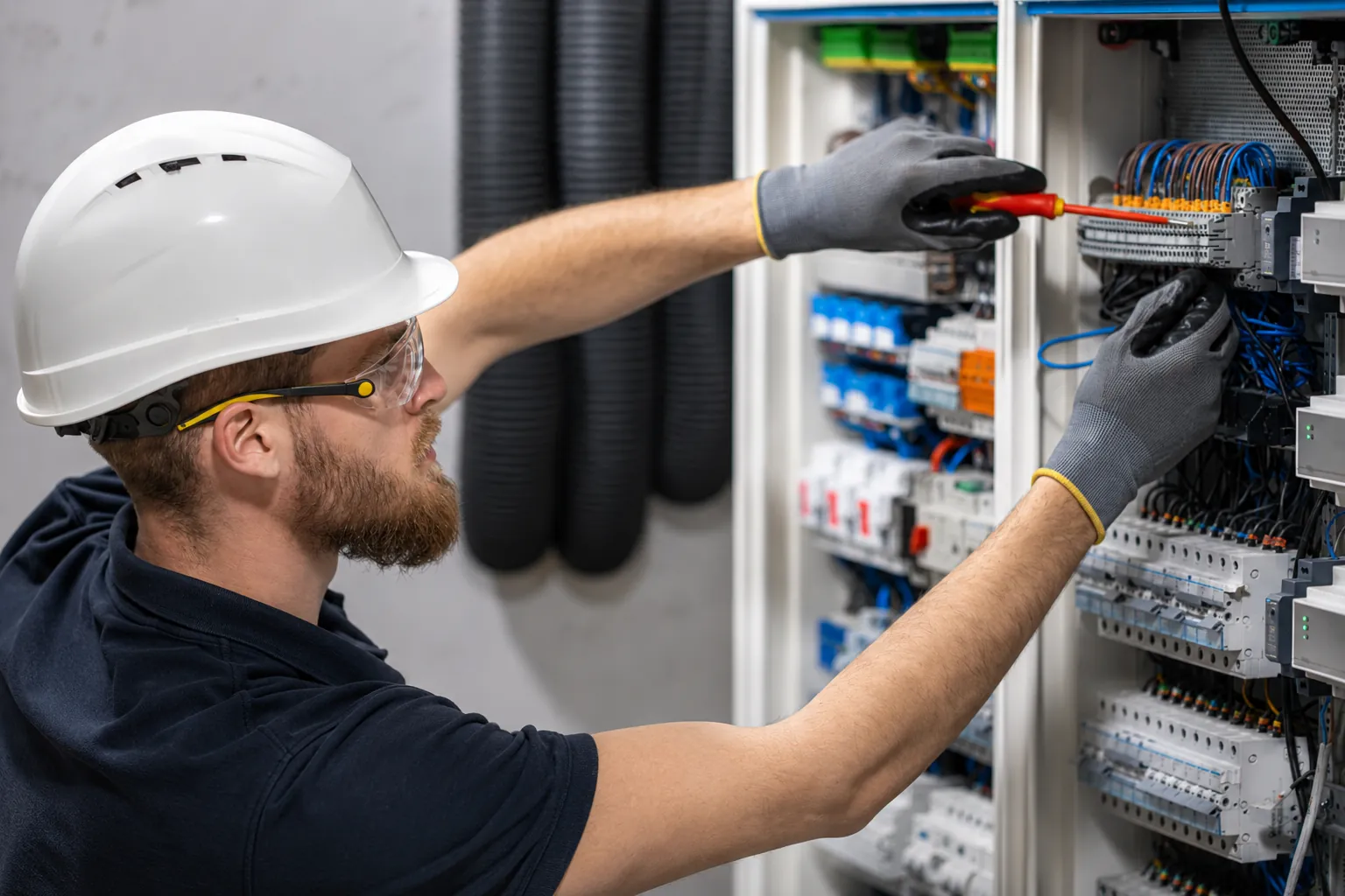 Experienced maintenance engineer diagnosing PLC and control panel faults in an industrial environment
