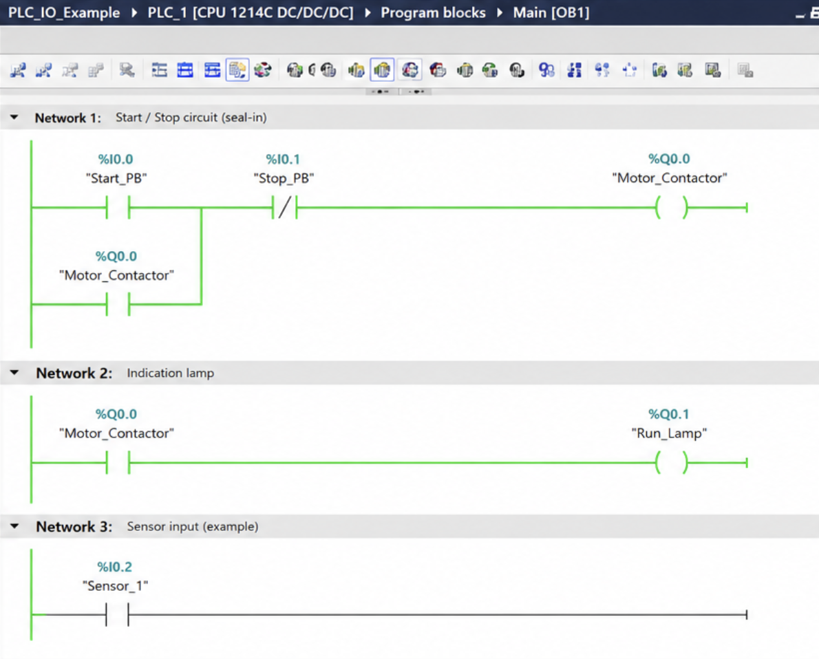 TIA Portal ladder logic example showing PLC inputs and outputs for a start stop circuit