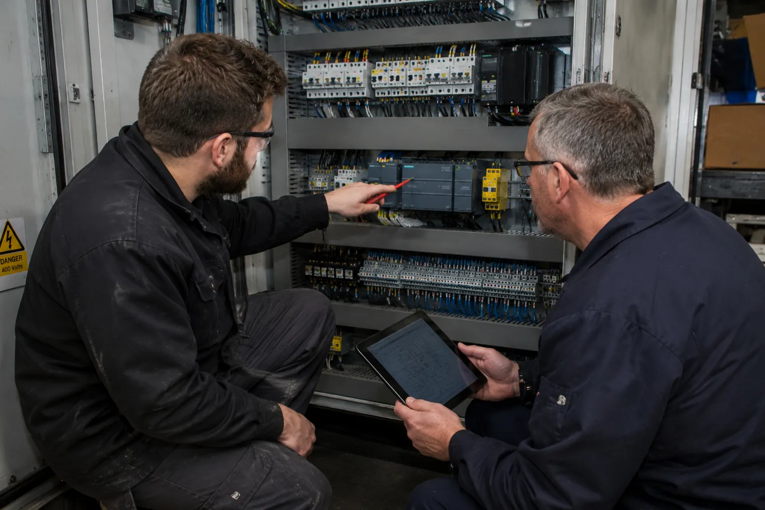 Two maintenance engineers sharing PLC diagnostic knowledge in front of an open electrical control panel