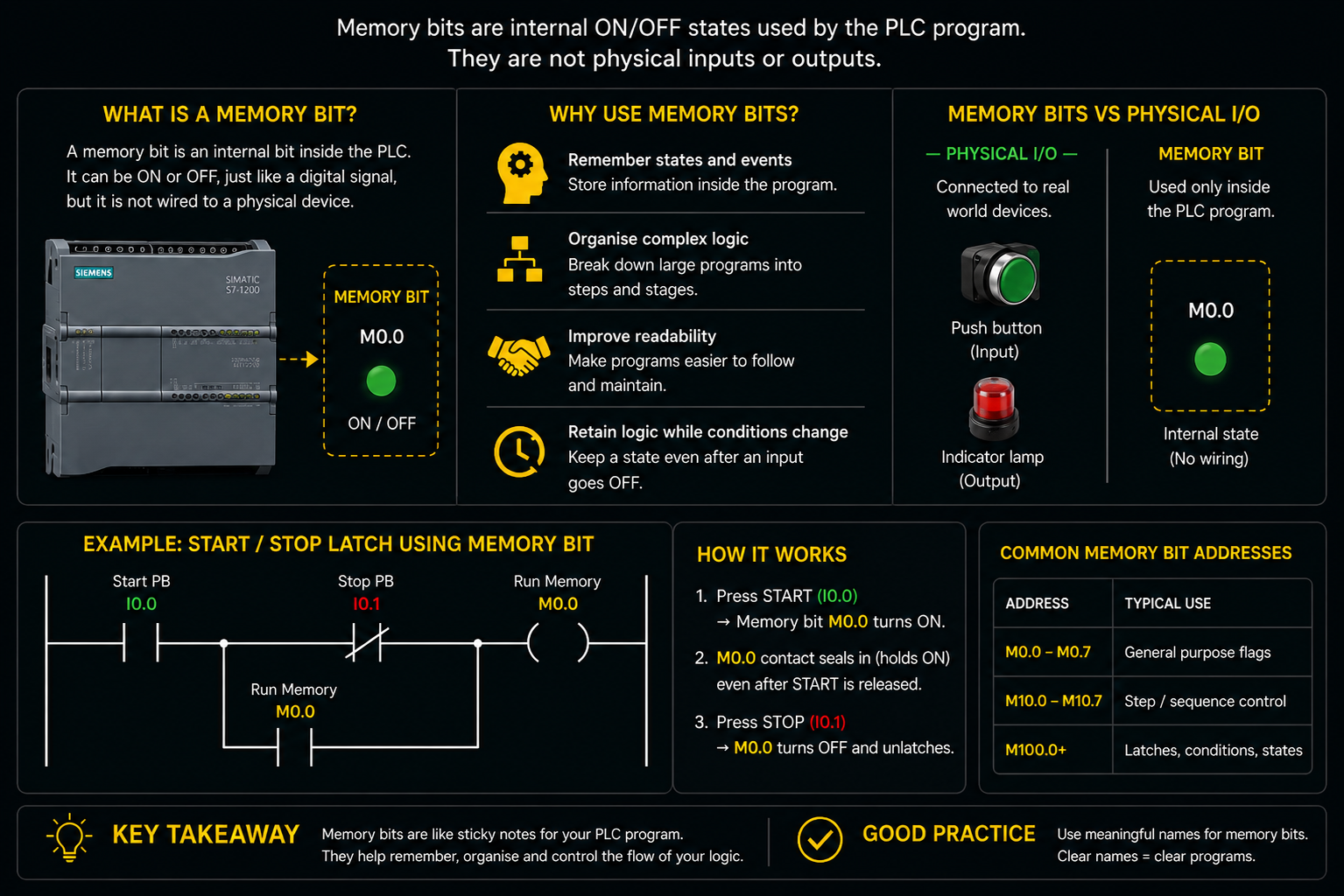 PLC memory bits explained with internal M0.0 memory bit, physical inputs and outputs, and start stop latch logic