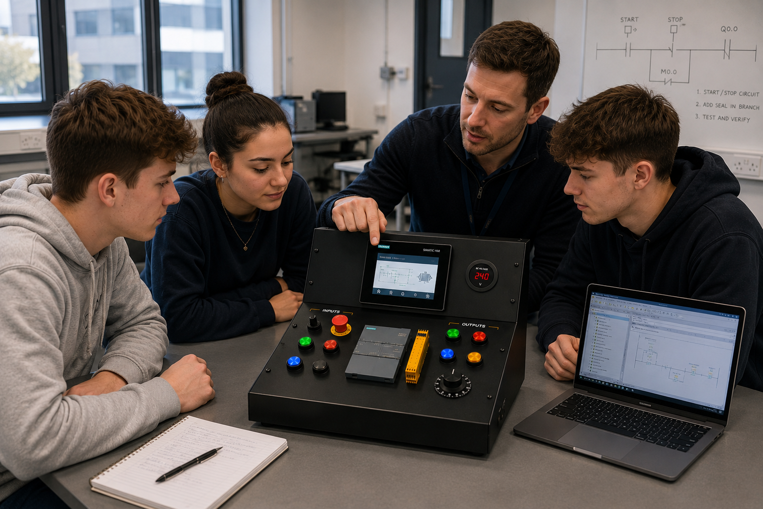 Students using a hands-on PLC training kit in an engineering classroom