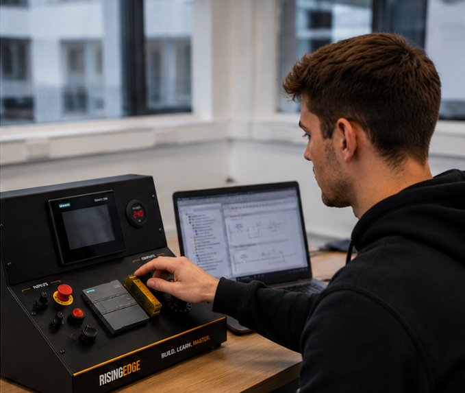 Learner using a Rising Edge Automation hands-on PLC training kit