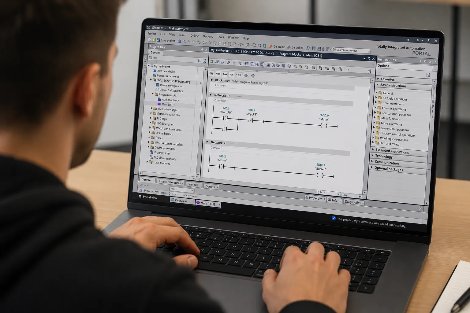 Engineer programming Siemens TIA Portal on a laptop